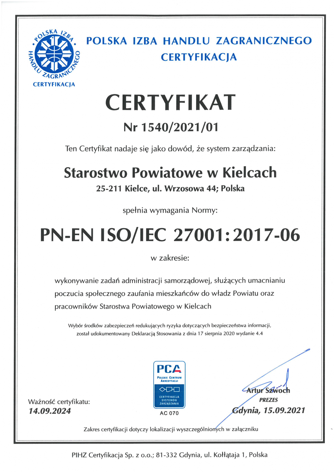 Certyfikat - Polityka systemu zarządzania bezpieczeństwem informacji