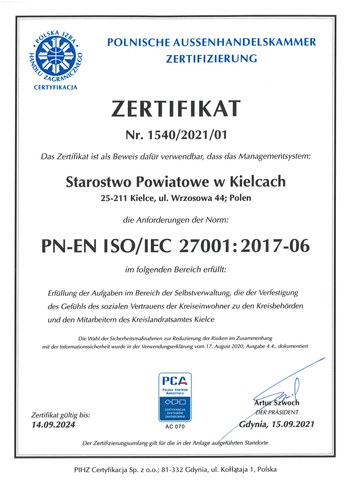 Certyfikat - Polityka systemu zarządzania bezpieczeństwem informacji
