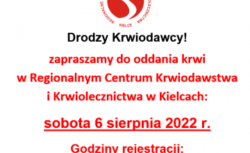 w sobotę 6 sierpnia w RCKiK Kielce można oddać krew