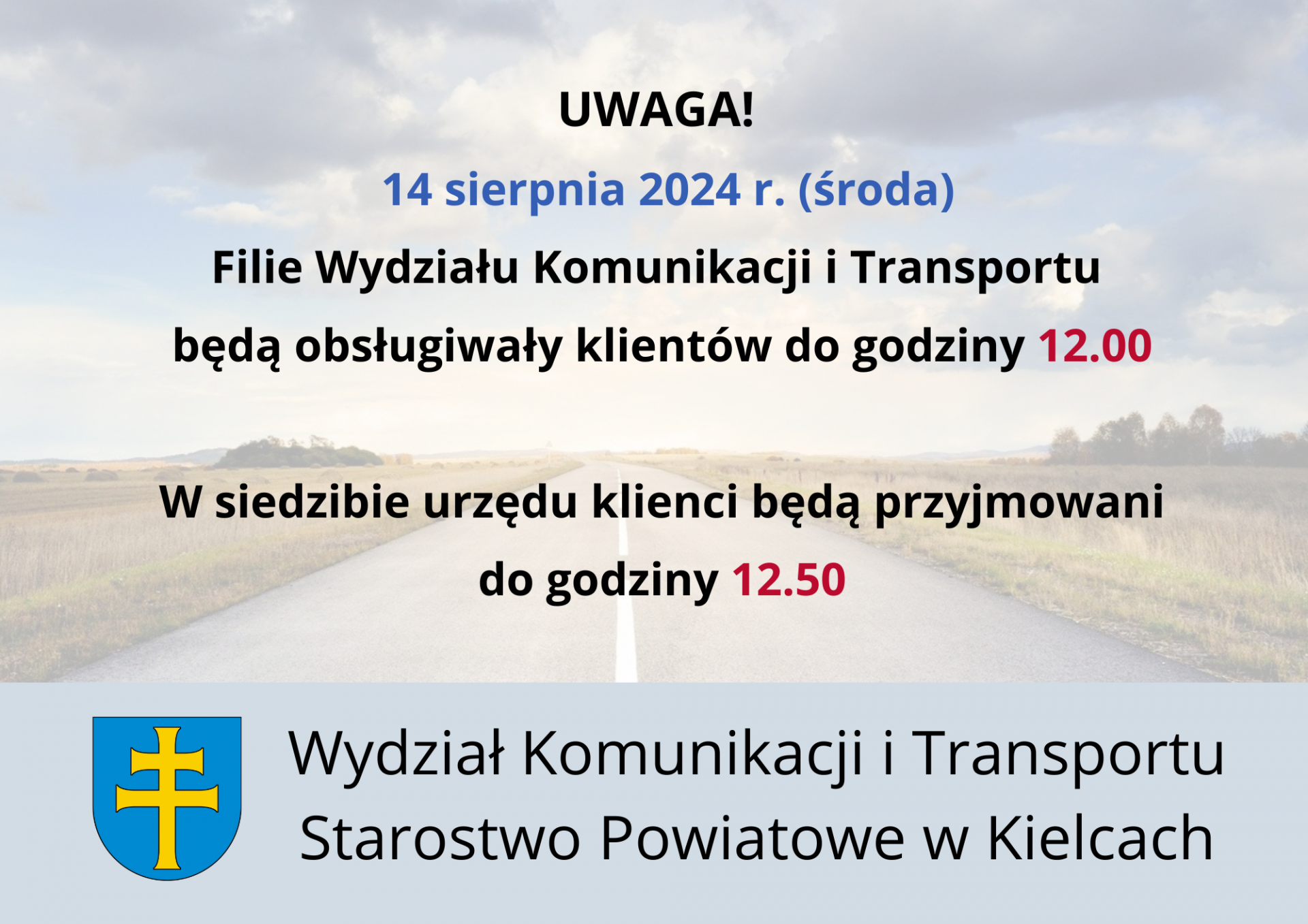 14 sierpnia Wydział Komunikacji i Transportu będzie pracował w zmienionych godzinach